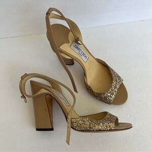 JIMMY CHOO Miranda Ankle Strap Sandals in Tan Blush Glitter Size 10 US / 40 $795